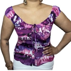 Purple Printed Vintage Pleated Buttoned-Down Blouse